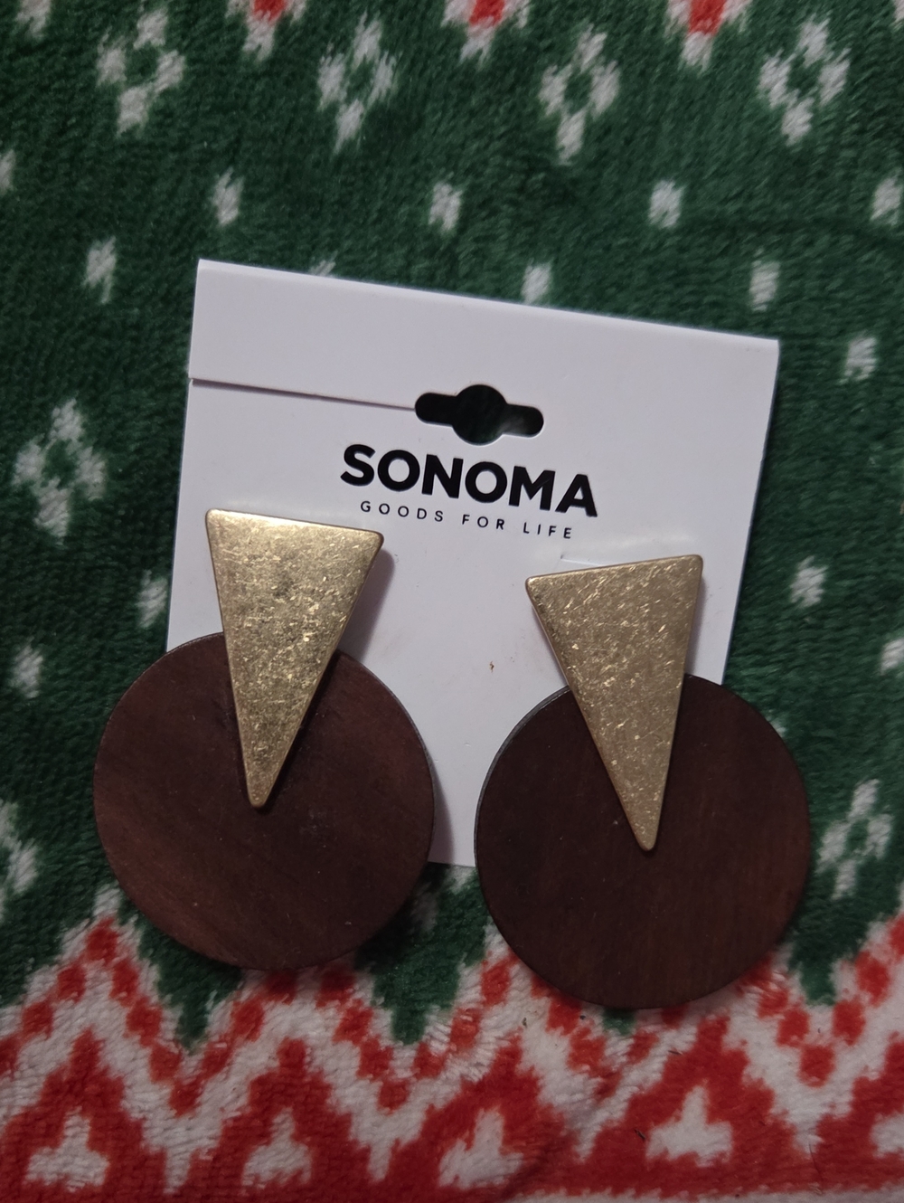 SONOMA Gold Triangle with Dark Brown Wood Circle Drop Earrings